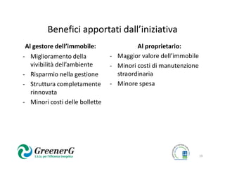 Benefici apportati dall’iniziativa
 Al gestore dell’immobile:               Al proprietario:
- Miglioramento della           - Maggior valore dell’immobile
   vivibilità dell’ambiente     - Minori costi di manutenzione
- Risparmio nella gestione        straordinaria
- Struttura completamente       - Minore spesa
   rinnovata
- Minori costi delle bollette




                                                                 19
 