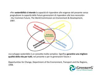 «Per sostenibilità si intende la capacità di rispondere alle esigenze del presente senza
 pregiudicare la capacità delle future generazioni di rispondere alle loro necessità»
 - Our Common Future, The World Commission on Environment & Development,
 1987.




«Lo sviluppo sostenibile è un concetto molto semplice. Significa garantire una migliore
qualità della vita per tutti, nel presente e per le generazioni future.»

Opportunities for Change, Department of the Environment, Transport and the Regions,
1998.
 