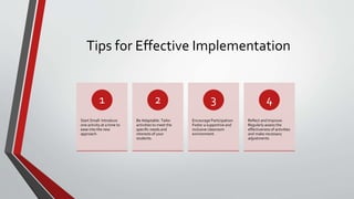Tips for Effective Implementation
Start Small: Introduce
one activity at a time to
ease into the new
approach.
1
Be Adaptable: Tailor
activities to meet the
specific needs and
interests of your
students.
2
Encourage Participation:
Foster a supportive and
inclusive classroom
environment.
3
Reflect and Improve:
Regularly assess the
effectiveness of activities
and make necessary
adjustments.
4
 