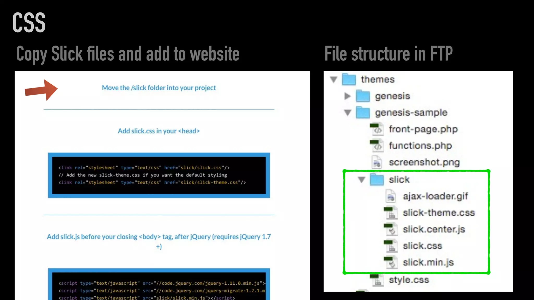 CSS
File structure in FTPCopy Slick files and add to website
 
