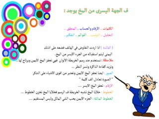 ‫النلمات .. االرلام والدظاب .. الموعق ..‬
                                         ‫الجدلّو .. الجصثّب ... الكٍائم .. الجفنّص..‬

                         ‫( الفائسة ) اذا اردت الجفاوض فُ الٌاثف فضؿي ؾلَ اذهم‬
                                  ‫الّموَ لّجم اعجكبالي من الجصء االِظص من المذ.‬
‫هظجزسم ؾوس رعم الزصِعة االلٍان فٌُ ثدفض المذ االِمن وِصثاح لٌا...‬
                                              ‫وثضِس ه فاءة الشاهصة وثظص الوؼص ...‬
                ‫الصٍر : اِضا ثدفض المذ االِمن وثؿجبص من الٍى االشّاء ؾلَ الجشهص‬
                                                     ‫" الصٍرة ثؿادل الف هلمة "‬
                                                    ‫االرلام : ثدفض المذ االِظص ....‬
     ‫الزعٍط : رالِا المذ ثشبي الزصِعة ف الصعم فزالِا المذ ثزضن الزعٍط ...‬
            ‫الزعٍط المائلة : الجضء االِمن ِدب الشُ المائو ولّط المظجكّم ....‬
 