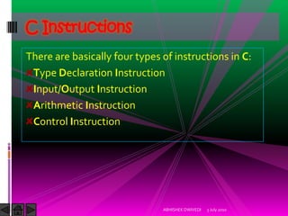 C Instructions
There are basically four types of instructions in C:
 Type Declaration Instruction
 Input/Output Instructio...
