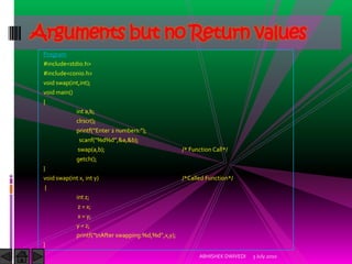 Arguments but no Return values
 Program
 #include<stdio.h>
 #include<conio.h>
 void swap(int,int);
 void main()
 {
       ...