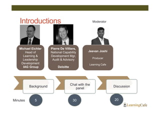 Introductions                                      Moderator




   Michael Eichler     Pierre De Villiers,
       Head of         National Capability        Jeevan Joshi
     Learning &        Development Mgr,
                                                       Producer
     Leadership         Audit & Advisory
    Development                                    Learning Cafe
     IAG Group              Deloitte




                                       Chat with the
          Background                                               Discussion
                                          panel


Minutes      5                          30                         20
 