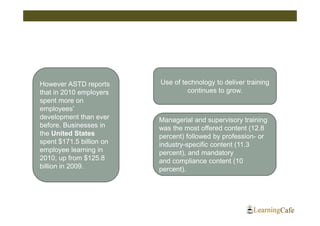 However ASTD reports      Use of technology to deliver training
that in 2010 employers             continues to grow.
spent more on
employees'
development than ever     Managerial and supervisory training
before. Businesses in     was the most offered content (12.8
the United States         percent) followed by profession- or
spent $171.5 billion on   industry-specific content (11.3
employee learning in      percent), and mandatory
2010, up from $125.8      and compliance content (10
billion in 2009.          percent).
 