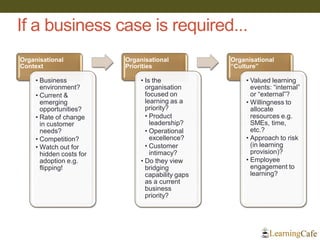 If a business case is required...
Organisational
Context
• Business
environment?
• Current &
emerging
opportunities?
• Rate of change
in customer
needs?
• Competition?
• Watch out for
hidden costs for
adoption e.g.
flipping!
Organisational
Priorities
• Is the
organisation
focused on
learning as a
priority?
• Product
leadership?
• Operational
excellence?
• Customer
intimacy?
• Do they view
bridging
capability gaps
as a current
business
priority?
Organisational
“Culture”
• Valued learning
events: “internal”
or “external”?
• Willingness to
allocate
resources e.g.
SMEs, time,
etc.?
• Approach to risk
(in learning
provision)?
• Employee
engagement to
learning?
 