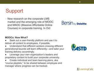 Support
• New research on the corporate LMS
market and the emerging role of MOOC
and MAOC (Massive Affordable Online
Courses) in corporate training. In Oct
4
MOOCs: Now What?
● Seek out a user-friendly platform and use it to
deliver all content to employees, if possible.
● Understand that different workers crossing different
generational bounds will learn differently—and tailor your
training delivery accordingly.
● Leverage your own organization’s leaders and
proprietary content to build your corporate university.
● Create individual and team learning plans, aka
“course playlists,” to be shared between employee and
manager where progress can be tracked.
 