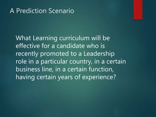 A Prediction Scenario
What Learning curriculum will be
effective for a candidate who is
recently promoted to a Leadership
role in a particular country, in a certain
business line, in a certain function,
having certain years of experience?
 