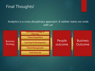 Final Thoughts!
Business
Strategy
Analytics is a cross disciplinary approach. It neither starts nor ends
with us!
Workforce Strategy &
Planning
Talent Acquisition
Learning & Development
Talent Management
Total Rewards
People
outcome
Business
Outcome
 