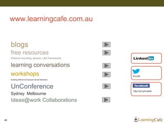 www.learningcafe.com.au
lrncafe
http://bit.ly/lcafefb
blogs
learning conversations
free resources
workshops
UnConference
Sydney Melbourne
Webinar recording, ebooks, L&D frameworks
Building Effective Employee Social Networks
43
Ideas@work Collaborations
 