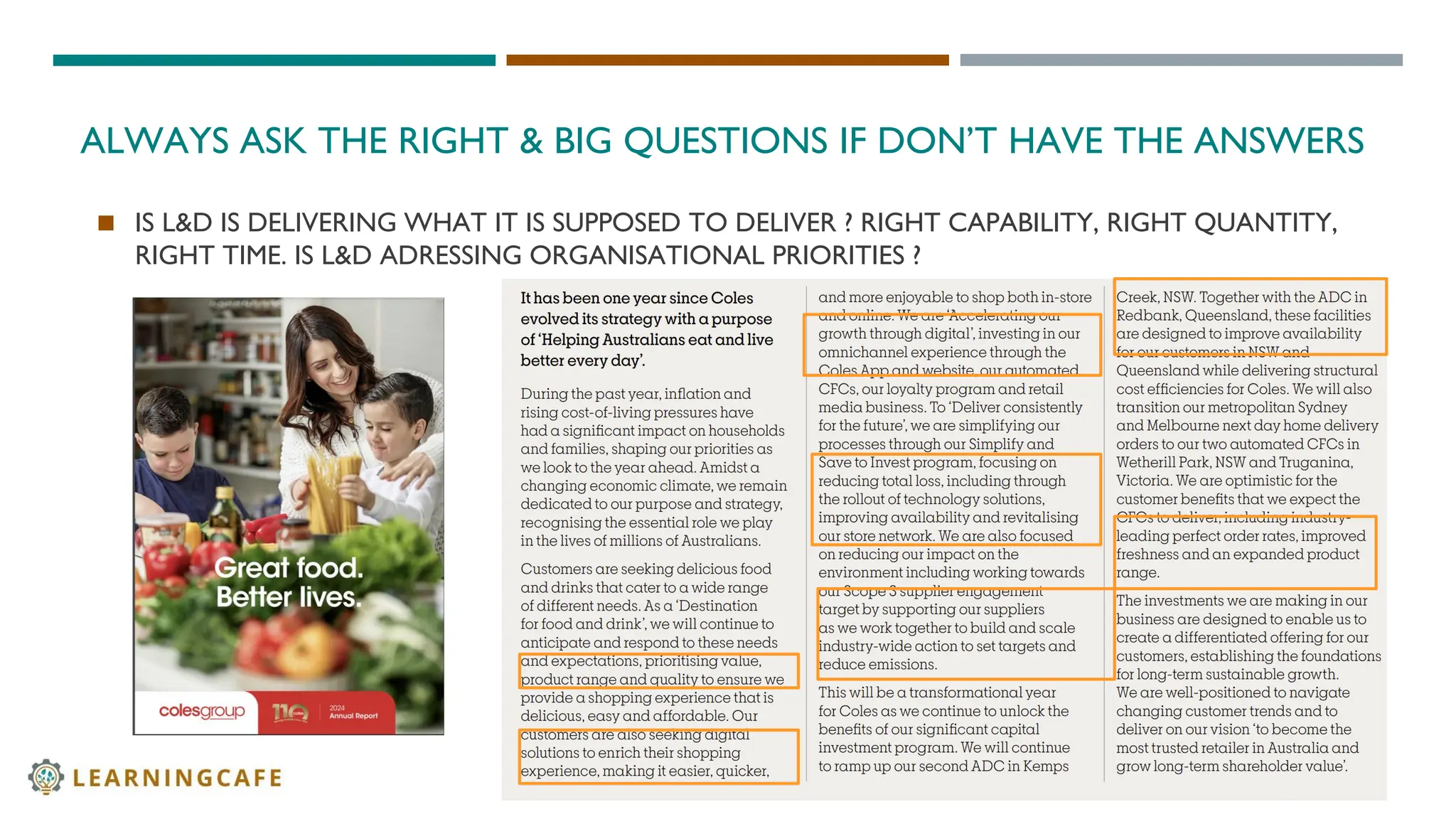 WWW.LEARNINGCAFE.COM.AU
ALWAYS ASK THE RIGHT & BIG QUESTIONS IF DON’T HAVE THE ANSWERS
◼ IS L&D IS DELIVERING WHAT IT IS SUPPOSED TO DELIVER ? RIGHT CAPABILITY, RIGHT QUANTITY,
RIGHT TIME. IS L&D ADRESSING ORGANISATIONAL PRIORITIES ?
20
 