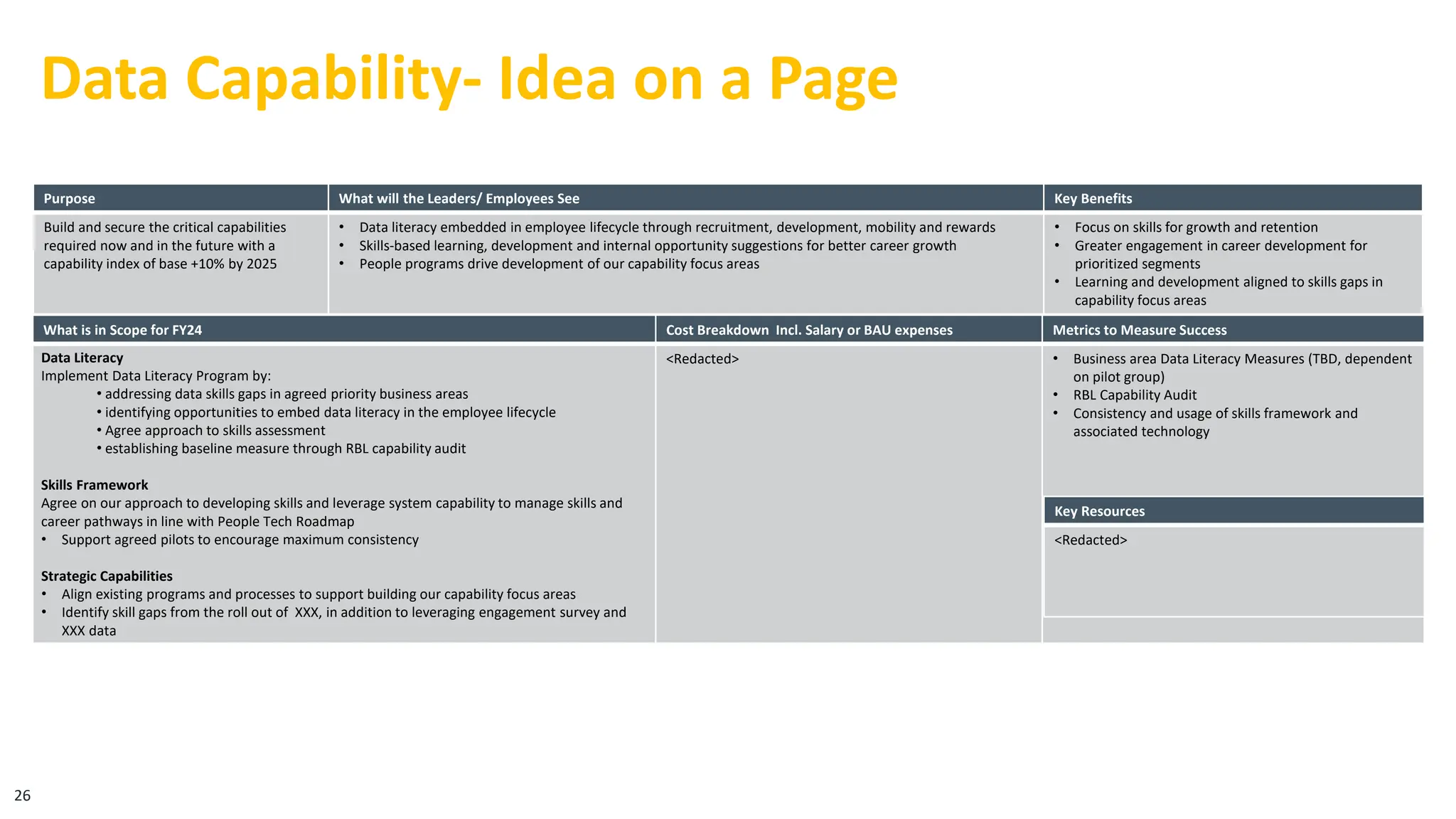 Purpose What will the Leaders/ Employees See Key Benefits
Build and secure the critical capabilities
required now and in the future with a
capability index of base +10% by 2025
• Data literacy embedded in employee lifecycle through recruitment, development, mobility and rewards
• Skills-based learning, development and internal opportunity suggestions for better career growth
• People programs drive development of our capability focus areas
• Focus on skills for growth and retention
• Greater engagement in career development for
prioritized segments
• Learning and development aligned to skills gaps in
capability focus areas
26
What is in Scope for FY24 Cost Breakdown Incl. Salary or BAU expenses Metrics to Measure Success
Data Literacy
Implement Data Literacy Program by:
• addressing data skills gaps in agreed priority business areas
• identifying opportunities to embed data literacy in the employee lifecycle
• Agree approach to skills assessment
• establishing baseline measure through RBL capability audit
Skills Framework
Agree on our approach to developing skills and leverage system capability to manage skills and
career pathways in line with People Tech Roadmap
• Support agreed pilots to encourage maximum consistency
Strategic Capabilities
• Align existing programs and processes to support building our capability focus areas
• Identify skill gaps from the roll out of XXX, in addition to leveraging engagement survey and
XXX data
<Redacted> • Business area Data Literacy Measures (TBD, dependent
on pilot group)
• RBL Capability Audit
• Consistency and usage of skills framework and
associated technology
Data Capability- Idea on a Page
Key Resources
<Redacted>
 