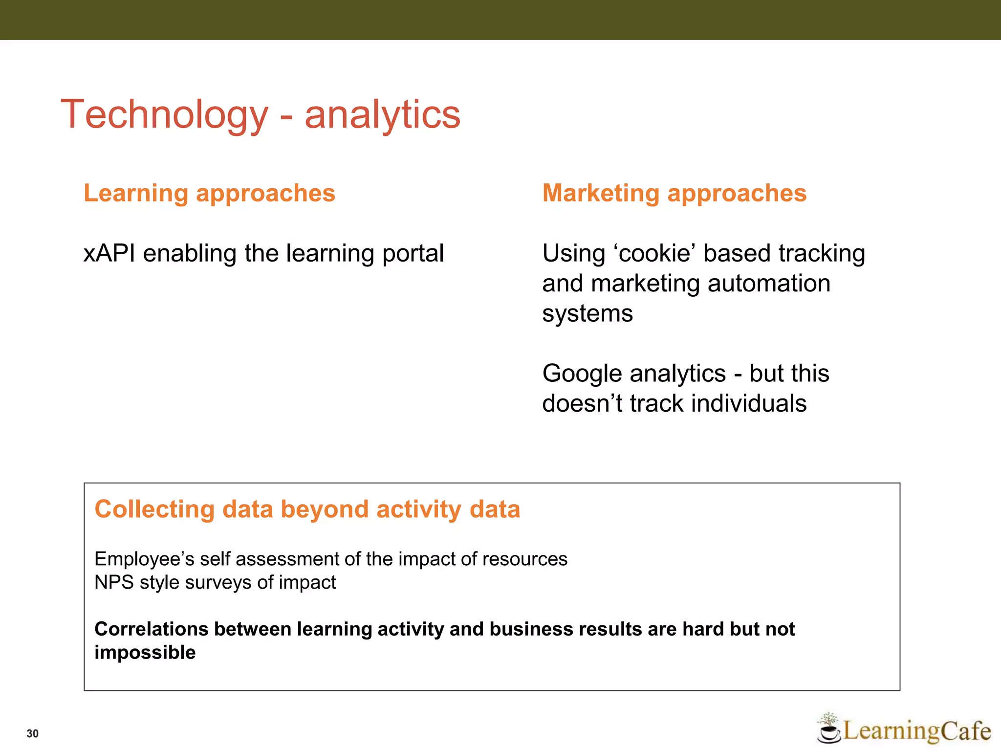 Technology - analytics
30
Learning approaches
xAPI enabling the learning portal
Marketing approaches
Using ‘cookie’ based tracking
and marketing automation
systems
Google analytics - but this
doesn’t track individuals
Collecting data beyond activity data
Employee’s self assessment of the impact of resources
NPS style surveys of impact
Correlations between learning activity and business results are hard but not
impossible
 
