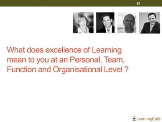 What does excellence of Learning
mean to you at an Personal, Team,
Function and Organisational Level ?
20
 
