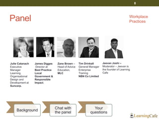 Panel
Background
Chat with
the panel
Your
questions
8
Julie Catanach
Executive
Manager
Learning,
Organisational
Design and
Development at
Suncorp.
James Digges
Director at
Best Practice
Local
Government &
Responsible
Impact.
Zane Brown –
Head of Advice
Education,
MLC
Tim Drinkall
General Manager
Enterprise
Training
NBN Co Limited
Workplace
Practices
Jeevan Joshi –
Moderator – Jeevan is
the founder of Learning
Cafe
 