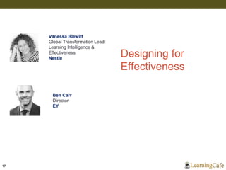Designing for
Effectiveness
17
Vanessa Blewitt
Global Transformation Lead:
Learning Intelligence &
Effectiveness
Nestle
Ben Carr
Director
EY
 