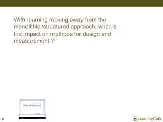 21
With learning moving away from the
monolithic /structured approach, what is
the impact on methods for design and
measurement ?
Use whiteboard
 