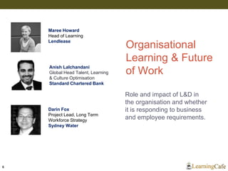 Organisational
Learning & Future
of Work
6
Maree Howard
Head of Learning
Lendlease
Anish Lalchandani
Global Head Talent, Learning
& Culture Optimisation
Standard Chartered Bank
Role and impact of L&D in
the organisation and whether
it is responding to business
and employee requirements.
Darin Fox
Project Lead, Long Term
Workforce Strategy
Sydney Water
 