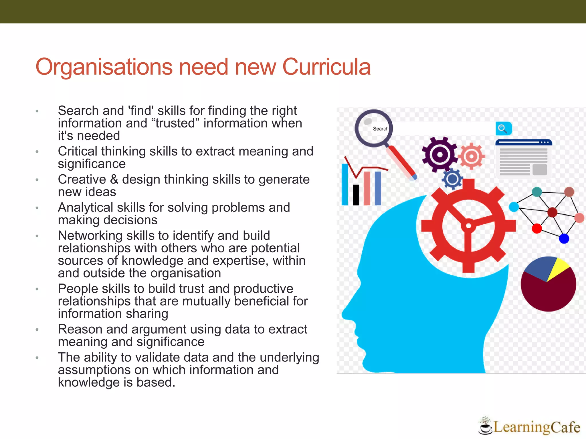 Organisations need new Curricula
• Search and 'find' skills for finding the right
information and “trusted” information when
it's needed
• Critical thinking skills to extract meaning and
significance
• Creative & design thinking skills to generate
new ideas
• Analytical skills for solving problems and
making decisions
• Networking skills to identify and build
relationships with others who are potential
sources of knowledge and expertise, within
and outside the organisation
• People skills to build trust and productive
relationships that are mutually beneficial for
information sharing
• Reason and argument using data to extract
meaning and significance
• The ability to validate data and the underlying
assumptions on which information and
knowledge is based.
 