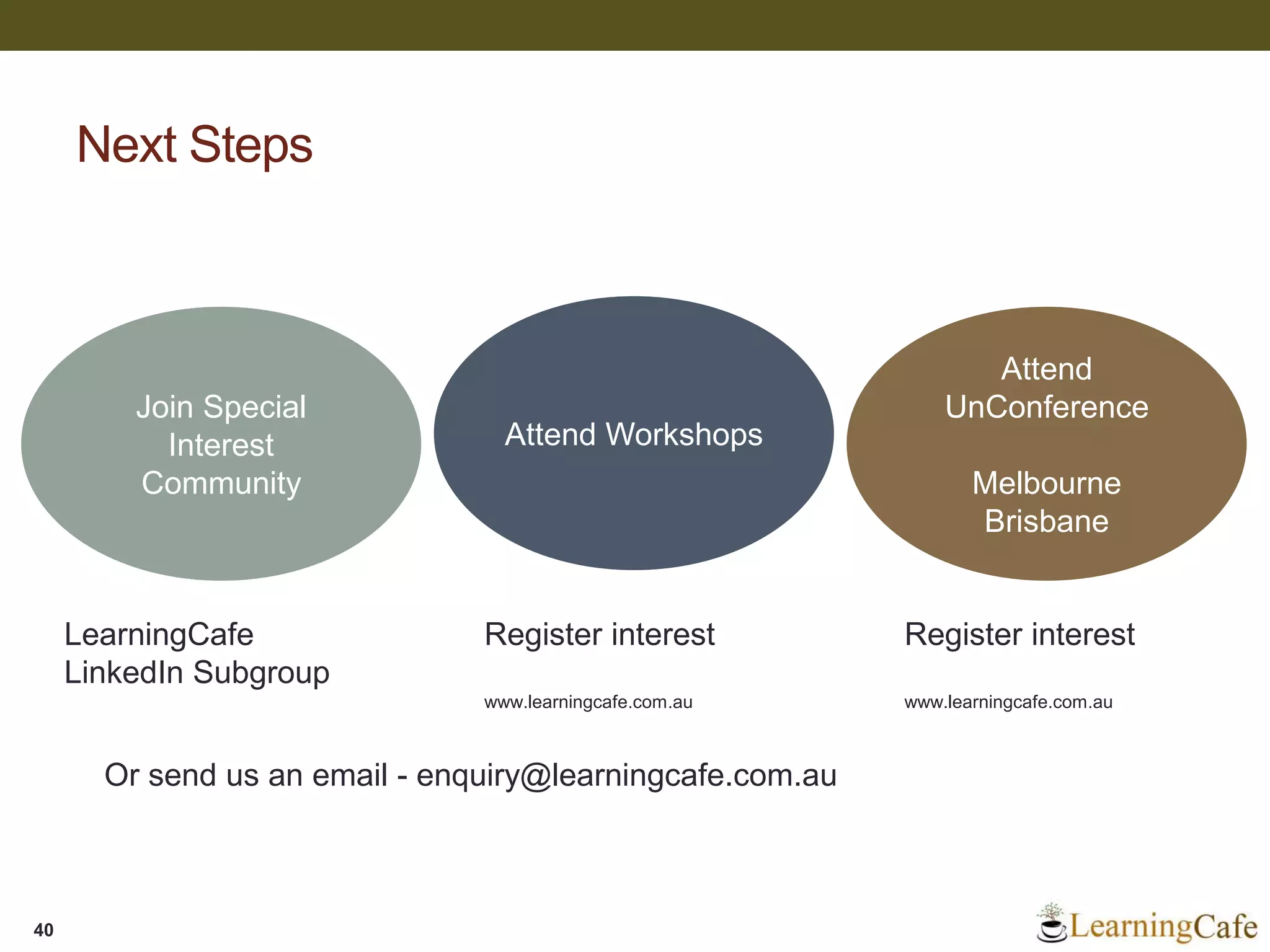 Next Steps
Join Special
Interest
Community
Attend Workshops
Attend
UnConference
Melbourne
Brisbane
LearningCafe
LinkedIn Subgroup
Register interest
www.learningcafe.com.au
Register interest
www.learningcafe.com.au
Or send us an email - enquiry@learningcafe.com.au
40
 