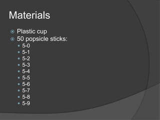 MaterialsPlastic cup50 popsicle sticks:5-05-15-25-35-45-55-65-75-85-9