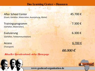 After School Center  45.700 € (Essen, Gehälter, Materialien, Ausstattung, Miete) Trainingsprogramm     7.300 € (Gehälter, Materialien) Evaluierung     6.300 € (Gehälter, Telekommunikation) Access     6.700 € (Transport)     66.000 € Aktueller Spendenstand: siehe Homepage www.goahead-organisation.de Das Learning Center – Finanzen 
