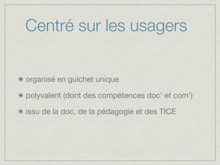 Centré sur les usagers


organisé en guichet unique

polyvalent (dont des compétences doc’ et com’)

issu de la doc, de la pédagogie et des TICE
 