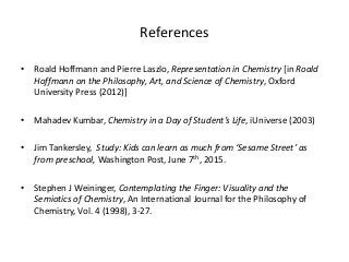 References
• Roald Hoffmann and Pierre Laszlo, Representation in Chemistry [in Roald
Hoffmann on the Philosophy, Art, and Science of Chemistry, Oxford
University Press (2012)]
• Mahadev Kumbar, Chemistry in a Day of Student’s Life, iUniverse (2003)
• Jim Tankersley, Study: Kids can learn as much from ‘Sesame Street’ as
from preschool, Washington Post, June 7th, 2015.
• Stephen J Weininger, Contemplating the Finger: Visuality and the
Semiotics of Chemistry, An International Journal for the Philosophy of
Chemistry, Vol. 4 (1998), 3-27.
 