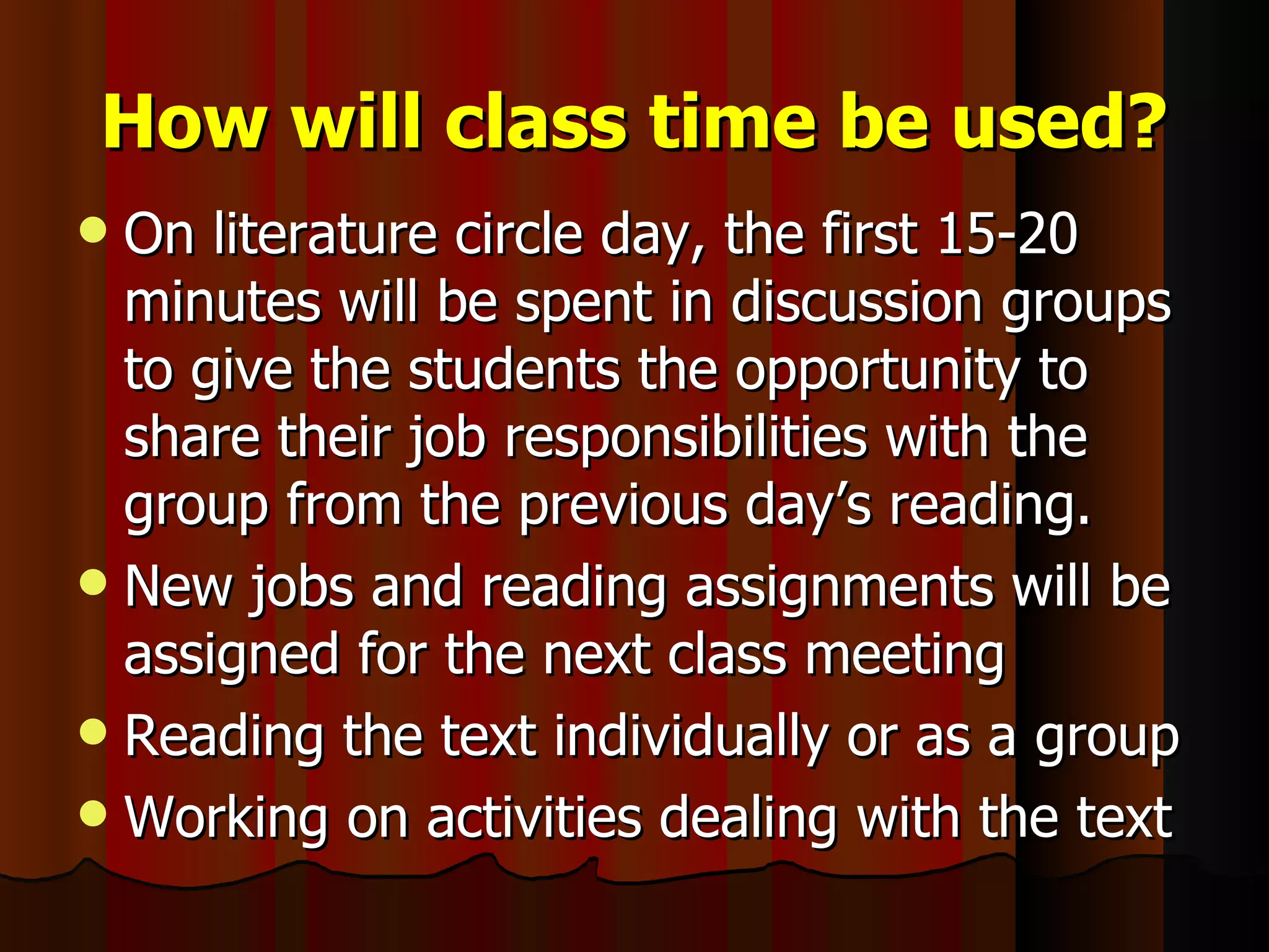 How will class time be used? On literature circle day, the first 15-20 minutes will be spent in discussion groups to give the students the opportunity to share their job responsibilities with the group from the previous day’s reading. New jobs and reading assignments will be assigned for the next class meeting Reading the text individually or as a group Working on activities dealing with the text 