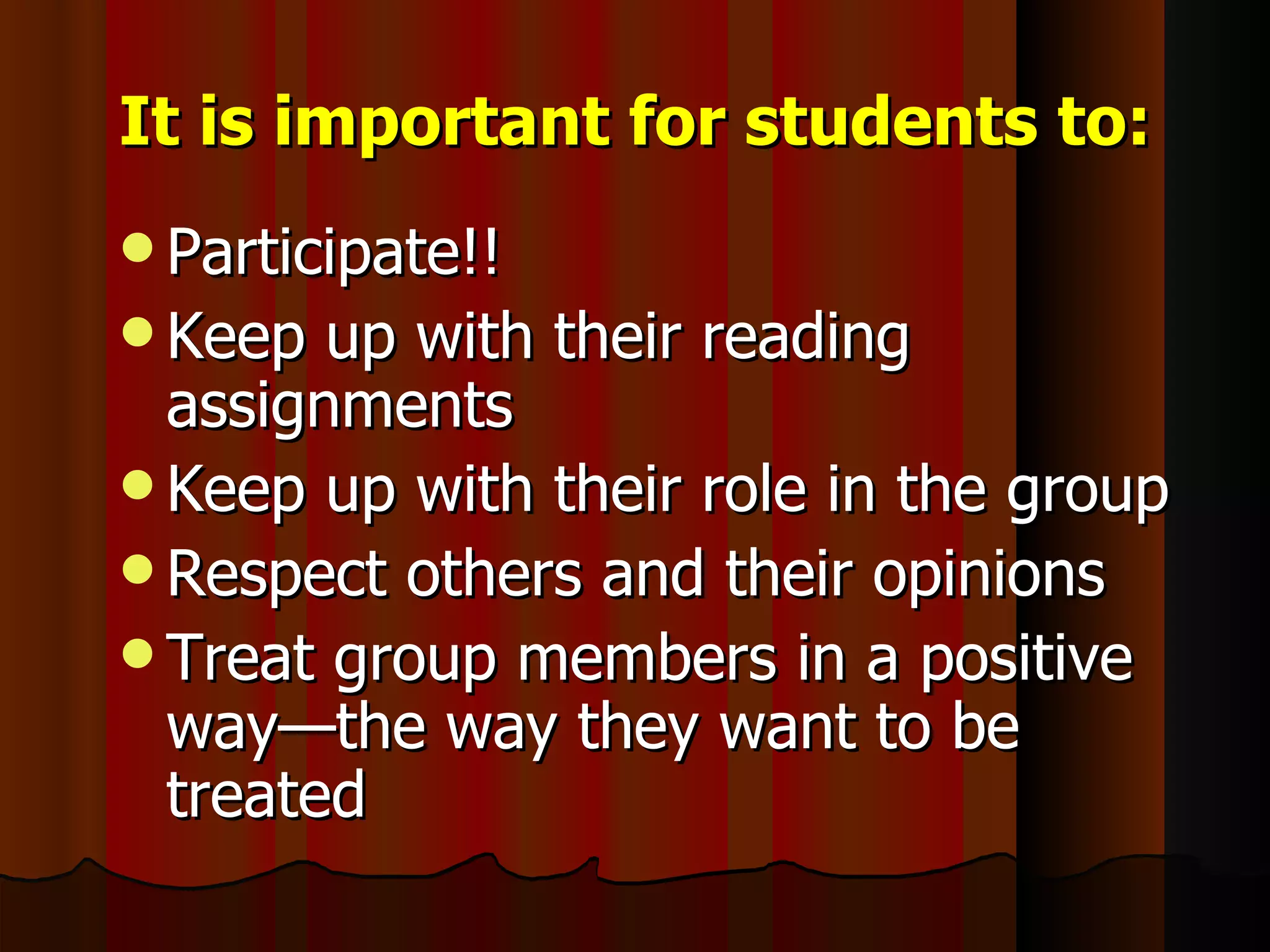 It is important for students to: Participate!! Keep up with their reading assignments Keep up with their role in the group Respect others and their opinions Treat group members in a positive way—the way they want to be treated 