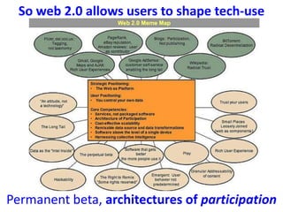 So web 2.0 allows users to shape tech-use
Permanent beta, architectures of participation
 