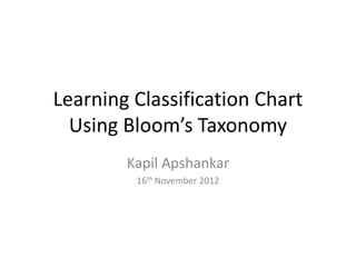 Learning Classification Chart
  Using Bloom’s Taxonomy
        Kapil Apshankar
         16th November 2012
 