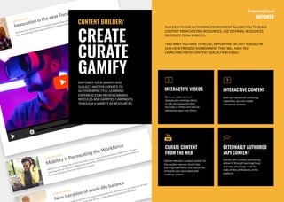 Innovation is the new Focus
Video Activity
Business has always been focused on generating revenue, but no longer is making money the
only goal. Blindly following successful business models doesn’t cut it anymore.
Mobility is Permeating the Workforce
External activity
While it’s spreading fast as they become a larger part of the workforce, Baby Boomers are
working side-by-side with Millennials and either trying to adapt to this new environment, or
they are already active tech users themselves.
New iteration of work-life balance
External activity
te an almost ideal work environment for all employees, irrespective of their
k that we are rapidly advancing towards this ideal.
CONTENT BUILDER/
CREATE
CURATE
GAMIFY
CURATE CONTENT
FROM THE WEB
INTERACTIVE CONTENT
EXTERNALLY AUTHORED
xAPI CONTENT
INTERACTIVE VIDEOS
 