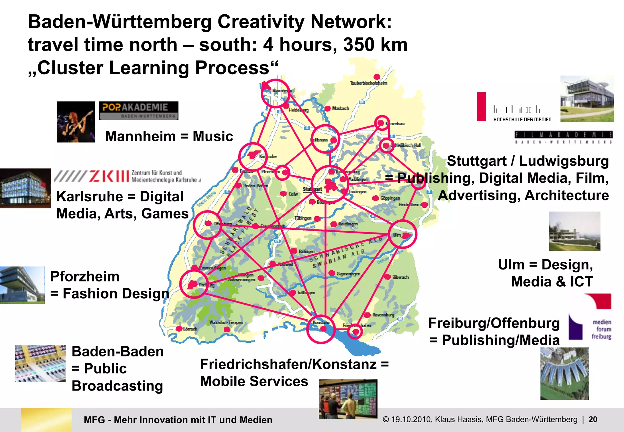 MFG - Mehr Innovation mit IT und Medien © 19.10.2010, Klaus Haasis, MFG Baden-Württemberg | 20
Mannheim = Music
Karlsruhe = Digital
Media, Arts, Games
Baden-Baden
= Public
Broadcasting
Pforzheim
= Fashion Design
Friedrichshafen/Konstanz =
Mobile Services
Ulm = Design,
Media & ICT
Stuttgart / Ludwigsburg
= Publishing, Digital Media, Film,
Advertising, Architecture
Freiburg/Offenburg
= Publishing/Media
Baden-Württemberg Creativity Network:
travel time north – south: 4 hours, 350 km
„Cluster Learning Process“
 