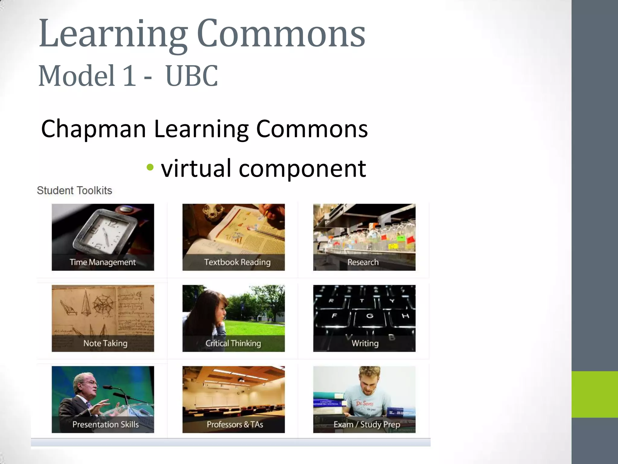 Learning Commons
Model 1 - UBC
Chapman Learning Commons
       • virtual component
 
