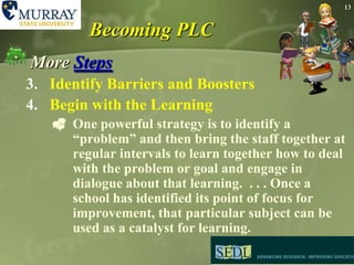 First Steps12Getting PLCAnother First StepConsider the Use of an External Change Facilitator Much of an external change facilitator’s work with schools developing as professional learning communities centers around becoming acquainted with the school staff and assessing their way of operating as it relates to their school improvement goals.13Becoming PLCMore StepsIdentify Barriers and Boosters Begin with the Learning One powerful strategy is to identify a “problem” and then bring the staff together at regular intervals to learn together how to deal with the problem or goal and engage in dialogue about that learning.  . . . Once a school has identified its point of focus for improvement, that particular subject can be used as a catalyst for learning.14The role of the school librarian in a PLCDeveloping Teacher ContactsSurvive and Thrive Strategies for Leadership and CollaborationConsider some advice from the popular “Traveling Pants” series for young adults... “take up some space, girl.”Developed by Annette Lamb, and Larry Johnson. 2005 - 2008.Collaboration Words O’Wisdom From Deb Logan:Teachers 1st!Mum’s the word…Do the work…“Help me help you…”I’ll come to you…Schmooze!Be the geek!15Talk the talk.