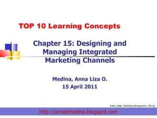 TOP 10 Learning Concepts  Chapter 15: Designing and Managing Integrated Marketing Channels Medina, Anna Liza O. 15 April 2011 http://annalimedina.blogspot.com Kotler, Keller, Marketing Management, 13th ed. 