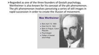 Regarded as one of the three founders of Gestalt psychology,
Wertheimer is also known for his concept of the phi phenomenon.
The phi phenomenon involves perceiving a series of still images in
rapid succession in order to create the illusion of movement.
 