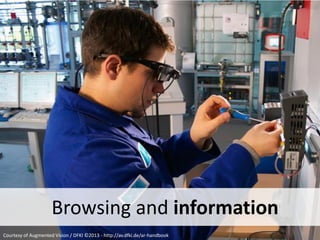 introduces

Augmented Reality

term

1992

"In the early 1990's at The Boeing Company,
we were developing “ Augmented Reality "
technology that consisted of see-through
head-mounted displays, robust, accurate
position/orientation
sensors, and
their
supporting electronics, computers, databases,
and software.
Our primary goal was to apply this
technology to touch labor manufacturing and
maintenance processes, enabling workers to
view index markings or instructions as if they
were painted on the surface of a workpiece. "

Thomas Caudell
Thomas Caudell (Comunicación personal 17 de Mayo de 2013)

 