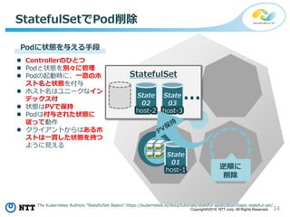34Copyright©2018 NTT corp. All Rights Reserved.
StatefulSetでPod削除
State
01
host-1 逆順に
削除
State
02
host-2
State
03
host-3
…
StatefulSet
Podに状態を与える手段
 Controllerのひとつ
 Podと状態を別々に管理
 Podの起動時に、一意のホ
スト名と状態を付与
 ホスト名はユニークなイン
デックス付
 状態はPVで保持
 Podは付与された状態に
従って動作
 クライアントからはあるホ
ストは一貫した状態を持つ
ように見える
The Kubernetes Authors.”StatefulSet Basics”.https://kubernetes.io/docs/tutorials/stateful-application/basic-stateful-set/
 