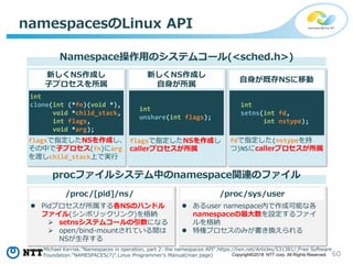60Copyright©2018 NTT corp. All Rights Reserved.
namespacesのLinux API
Namespace操作用のシステムコール(<sched.h>)
int
clone(int (*fn)(void *),
void *child_stack,
int flags,
void *arg);
procファイルシステム中のnamespace関連のファイル
新しくNS作成し
子プロセスを所属
flagsで指定したNSを作成し、
その中で子プロセス(fn)にarg
を渡しchild_stack上で実行
int
unshare(int flags);
flagsで指定したNSを作成し
callerプロセスが所属
int
setns(int fd,
int nstype);
fdで指定した(nstypeを持
つ)NSにcallerプロセスが所属
/proc/[pid]/ns/ /proc/sys/user
 Pidプロセスが所属する各NSのハンドル
ファイル(シンボリックリンク)を格納
 setnsシステムコールの引数になる
 open/bind-mountされている間は
NSが生存する
 あるuser namespace内で作成可能な各
namespaceの最大数を設定するファイ
ルを格納
 特権プロセスのみが書き換えられる
新しくNS作成し
自身が所属
自身が既存NSに移動
Michael Kerrisk."Namespaces in operation, part 2: the namespaces API".https://lwn.net/Articles/531381/;Free Software
Foundation."NAMESPACES(7)".Linux Programmer's Manual(man page)
 