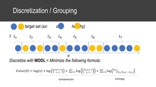 Discretization / Grouping
: target set (ex: sick, healthy)
I: 𝑖1 𝑖2 𝑖3 𝑖4 𝑖5 𝑖6 𝑖7
n
Discretize with MODL = Minimize the following formula:
𝑉𝑎𝑙𝑢𝑒 𝐷 = log 𝑛 + log 𝑛+𝐼−1
𝐼−1
+ 𝑖=1
𝐼
log 𝑛 𝑖+𝐽−1
𝐽−1
+ 𝑖=1
𝐼
log 𝑛 𝑖!
𝑛 𝑖,1!𝑛 𝑖,2! …𝑛 𝑖,𝐽!
entropycompression
 