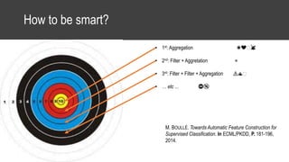 How to be smart?
• Good aggregate • 1st: Aggregation ☀❤️️🐰
• 2nd: Filter + Aggretation ⭐
• 3rd: Filter + Filter + Aggregation ⚠♨️️
• … etc ... ⛔️🔞
M. BOULLÉ. Towards Automatic Feature Construction for
Supervised Classification. In ECML/PKDD, P. 181-196,
2014.
 