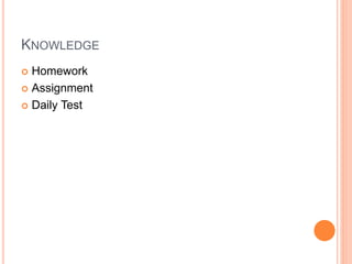 KNOWLEDGE
 Homework
 Assignment
 Daily Test
 