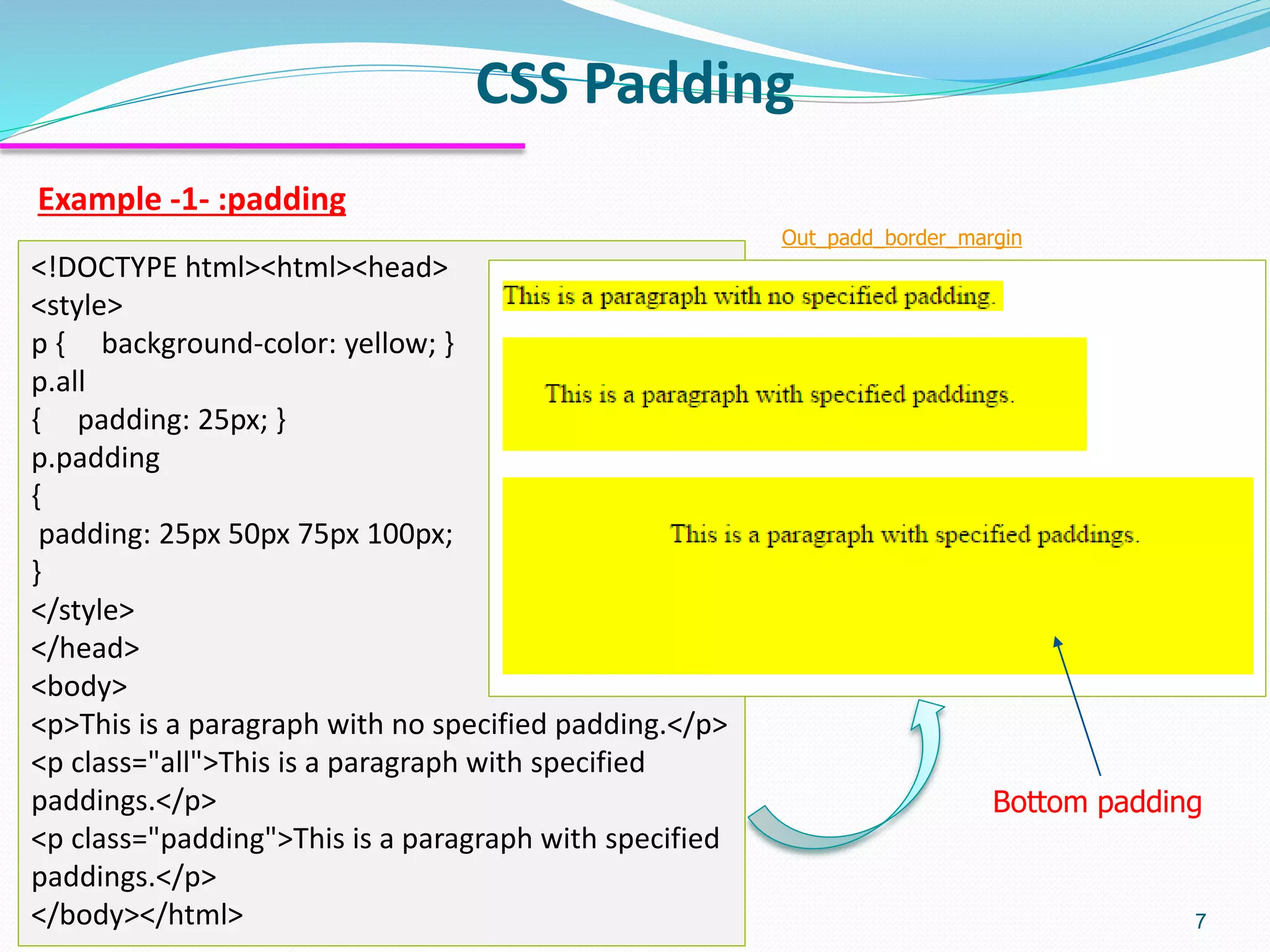 CSS Padding 7 Example -1- :padding <!DOCTYPE html><html><head> <style> p { background-color: yellow; } p.all { padding: 25px; } p.padding { padding: 25px 50px 75px 100px; } </style> </head> <body> <p>This is a paragraph with no specified padding.</p> <p class="all">This is a paragraph with specified paddings.</p> <p class="padding">This is a paragraph with specified paddings.</p> </body></html> Bottom padding Out_padd_border_margin 