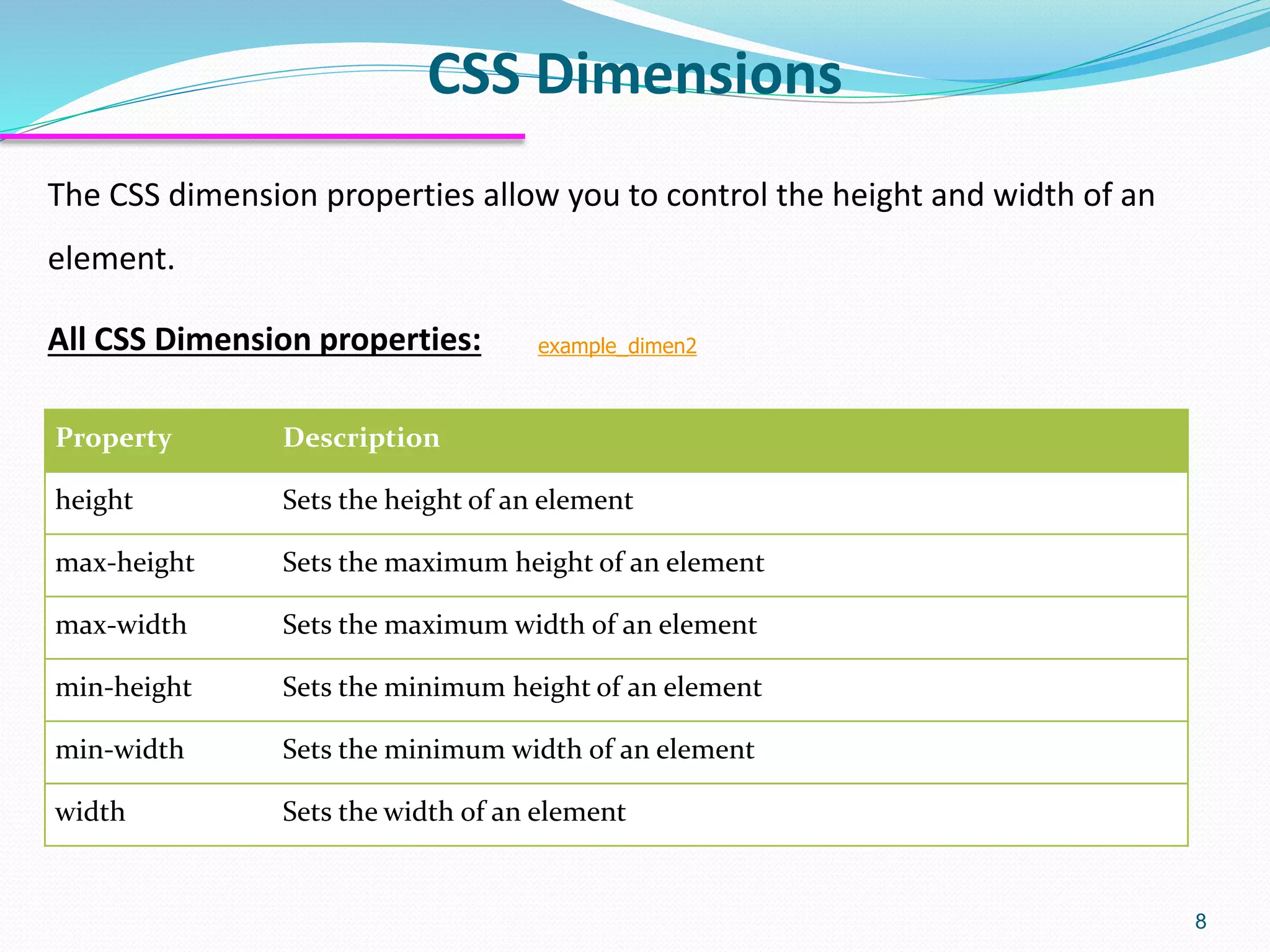 CSS Dimensions 8 All CSS Dimension properties: The CSS dimension properties allow you to control the height and width of an element. Property Description height Sets the height of an element max-height Sets the maximum height of an element max-width Sets the maximum width of an element min-height Sets the minimum height of an element min-width Sets the minimum width of an element width Sets the width of an element example_dimen2 