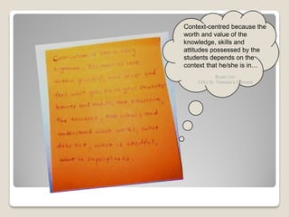 Context-centred because the
worth and value of the
knowledge, skills and
attitudes possessed by the
students depends on the
context that he/she is in…
Bryan Lim
CHIJ St. Theresa’s Convent
 