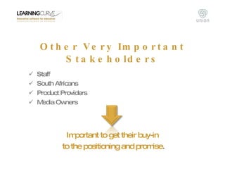Other Very Important Stakeholders <ul><li>Staff </li></ul><ul><li>South Africans </li></ul><ul><li>Product Providers </li>...