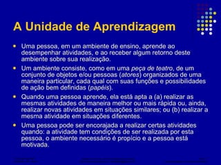 A Unidade de Aprendizagem Uma pessoa, em um ambiente de ensino, aprende ao desempenhar atividades, e ao receber algum retorno deste ambiente sobre sua realização. Um ambiente consiste, como em uma  peça de teatro , de um conjunto de objetos e/ou pessoas ( atores ) organizados de uma maneira particular, cada qual com suas funções e possibilidades de ação bem definidas ( papéis ). Quando uma pessoa aprende, ela está apta a (a) realizar as mesmas atividades de maneira melhor ou mais rápida ou, ainda, realizar novas atividades em situações similares; ou (b) realizar a mesma atividade em situações diferentes. Uma pessoa pode ser encorajada a realizar certas atividades quando: a atividade tem condições de ser realizada por esta pessoa, o ambiente necessário é propício e a pessoa está motivada. 
