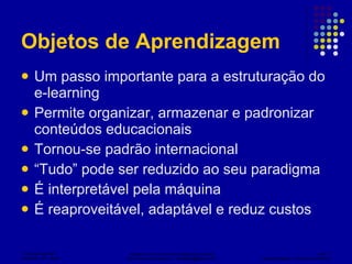 Objetos de Aprendizagem Um passo importante para a estruturação do e-learning Permite organizar, armazenar e padronizar conteúdos educacionais Tornou-se padrão internacional “ Tudo” pode ser reduzido ao seu paradigma É interpretável pela máquina É reaproveitável, adaptável e reduz custos  
